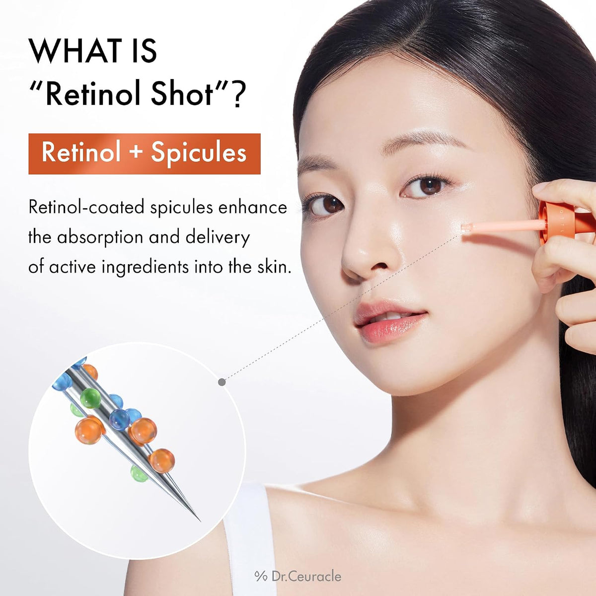 Model applying Dr.Ceuracle PDRN & Retinol Shot Ampoule 30ml with the dropper