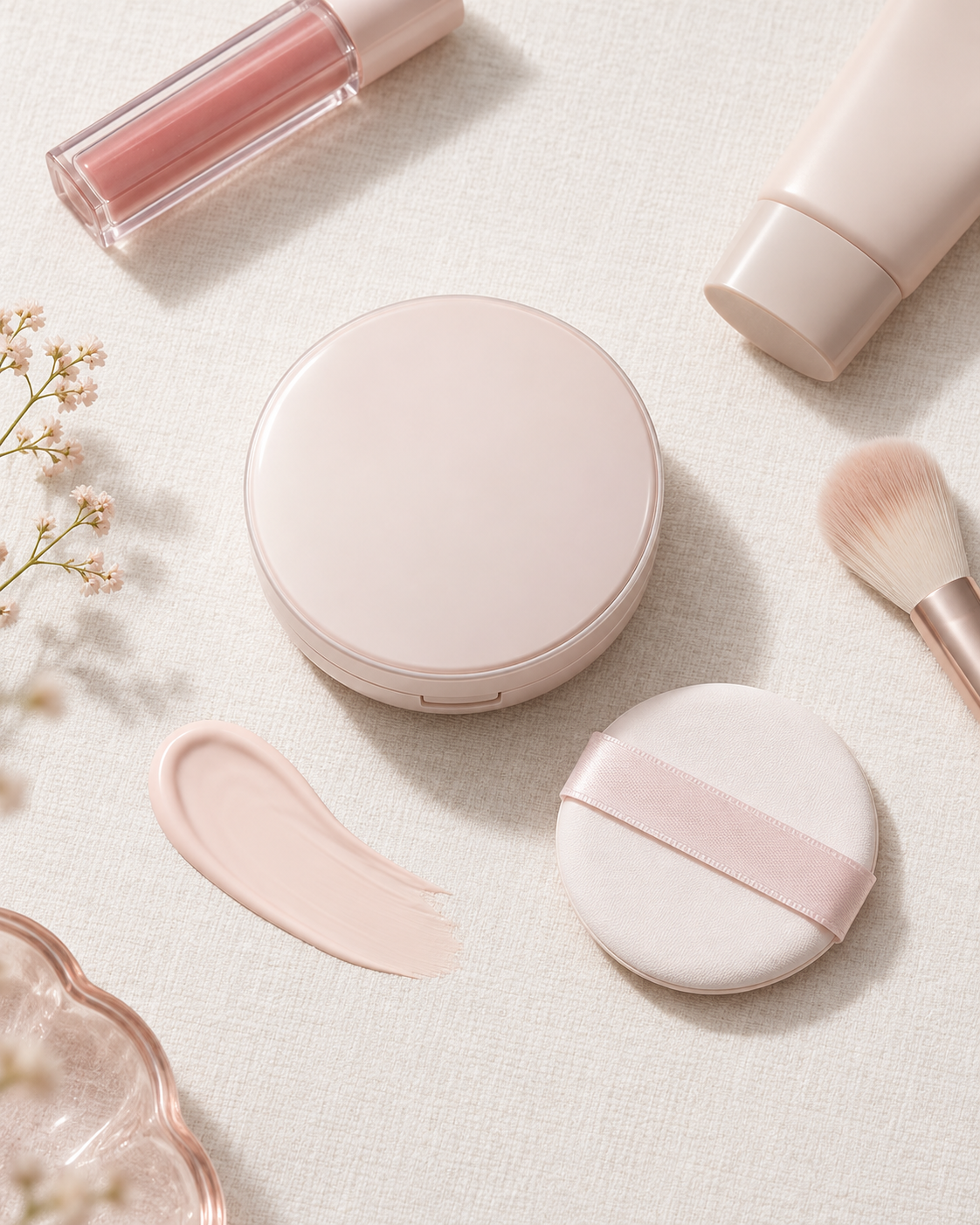 rom&nd Back Me Tone Up Sun Cushion SPF50+ flat lay with puff and texture, supplemental lifestyle visual