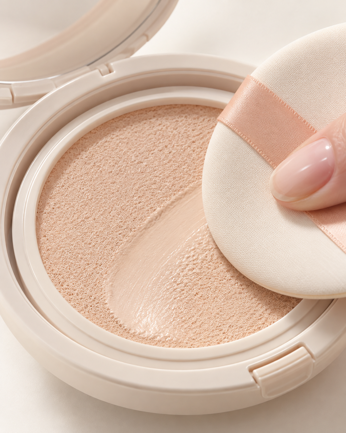 rom&nd Back Me Tone Up Sun Cushion SPF50+ cushion texture and puff, supplemental lifestyle visual