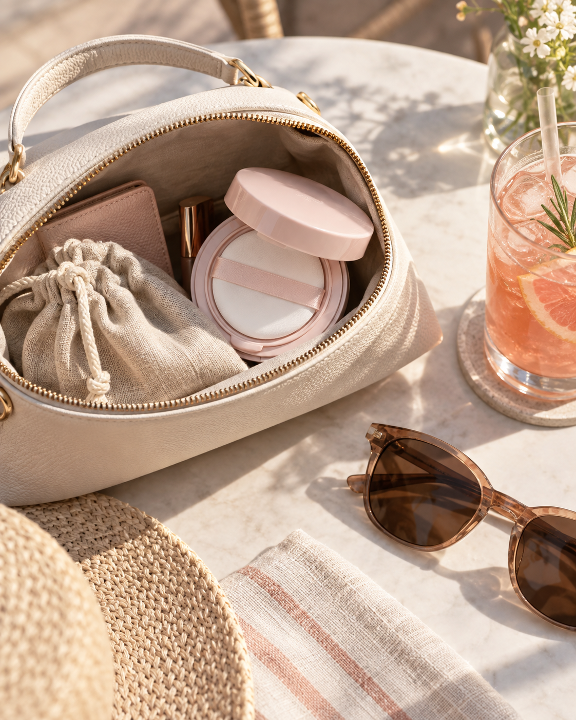 rom&nd Back Me Tone Up Sun Cushion SPF50+ in a travel makeup bag, supplemental lifestyle visual