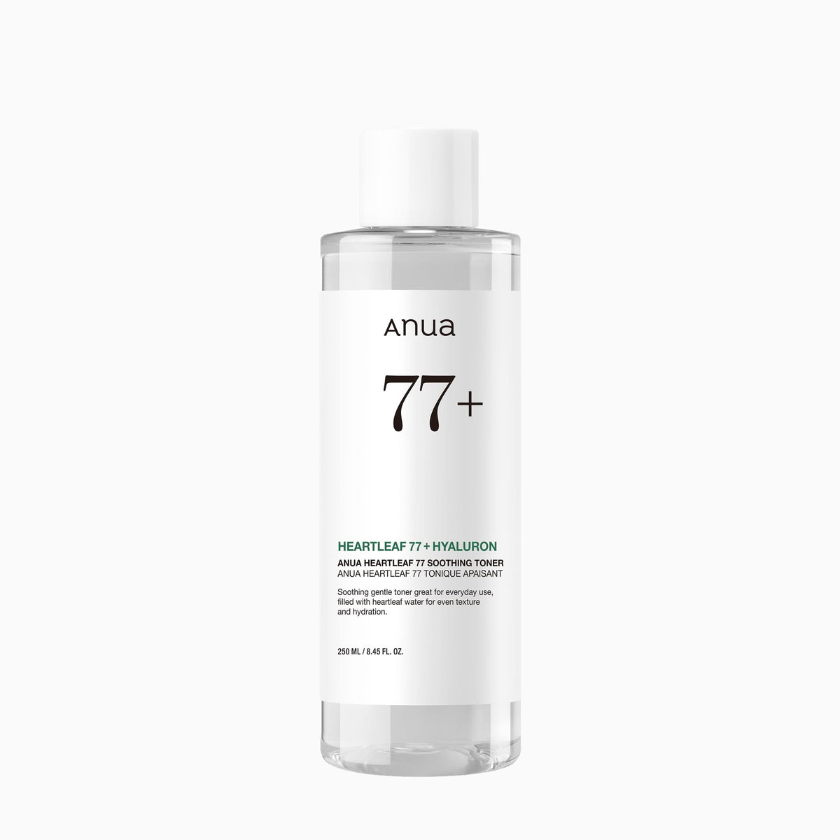 Photo du tonique Anua Heartleaf 77 % 250 ml pour le comparer au tonique Anua PDRN 100 à l’acide hyaluronique.