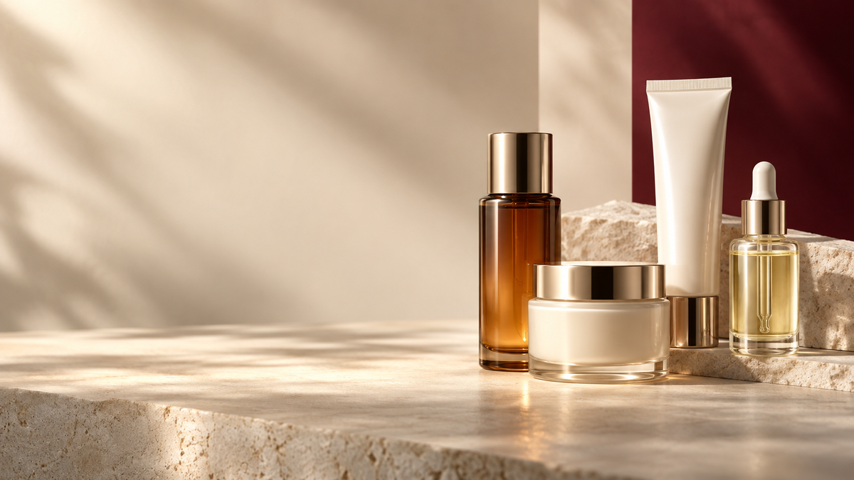 Luxury Korean skincare still life in warm ivory and amber tones