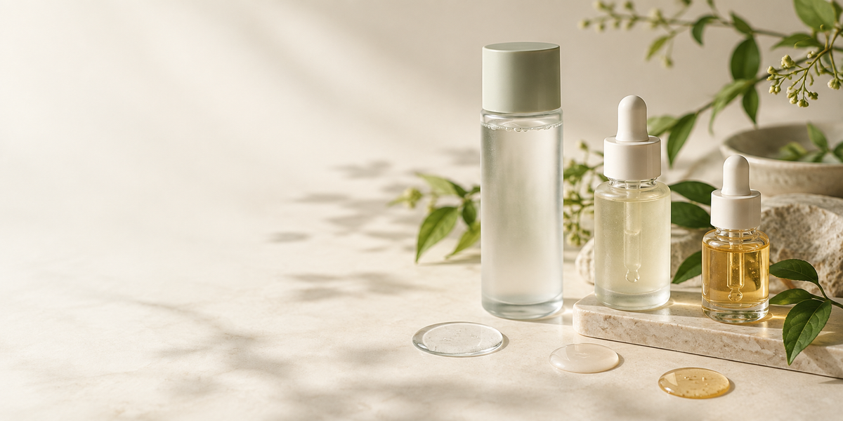 Formati coreani di essence, siero e ampolla in una scena editoriale skincare premium