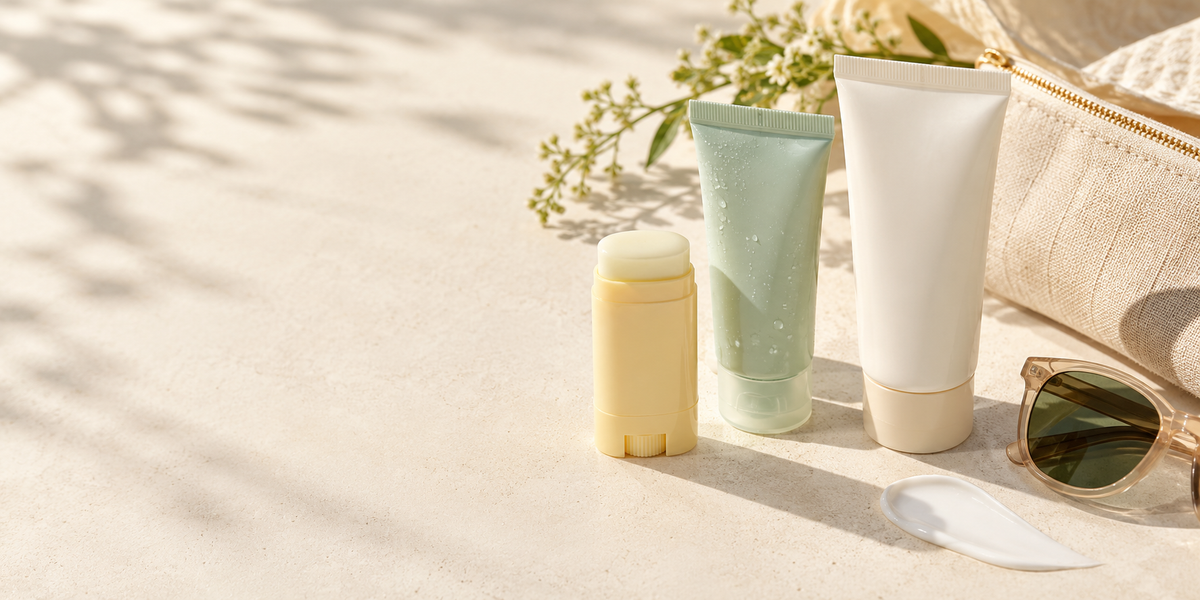 Formati coreani di solare in stick, gel e crema in una scena editoriale skincare premium