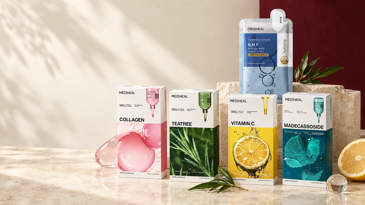Mediheal Collagen, Teatree, Vita, Madecassoside and N.M.F masks arranged in a premium skincare still life