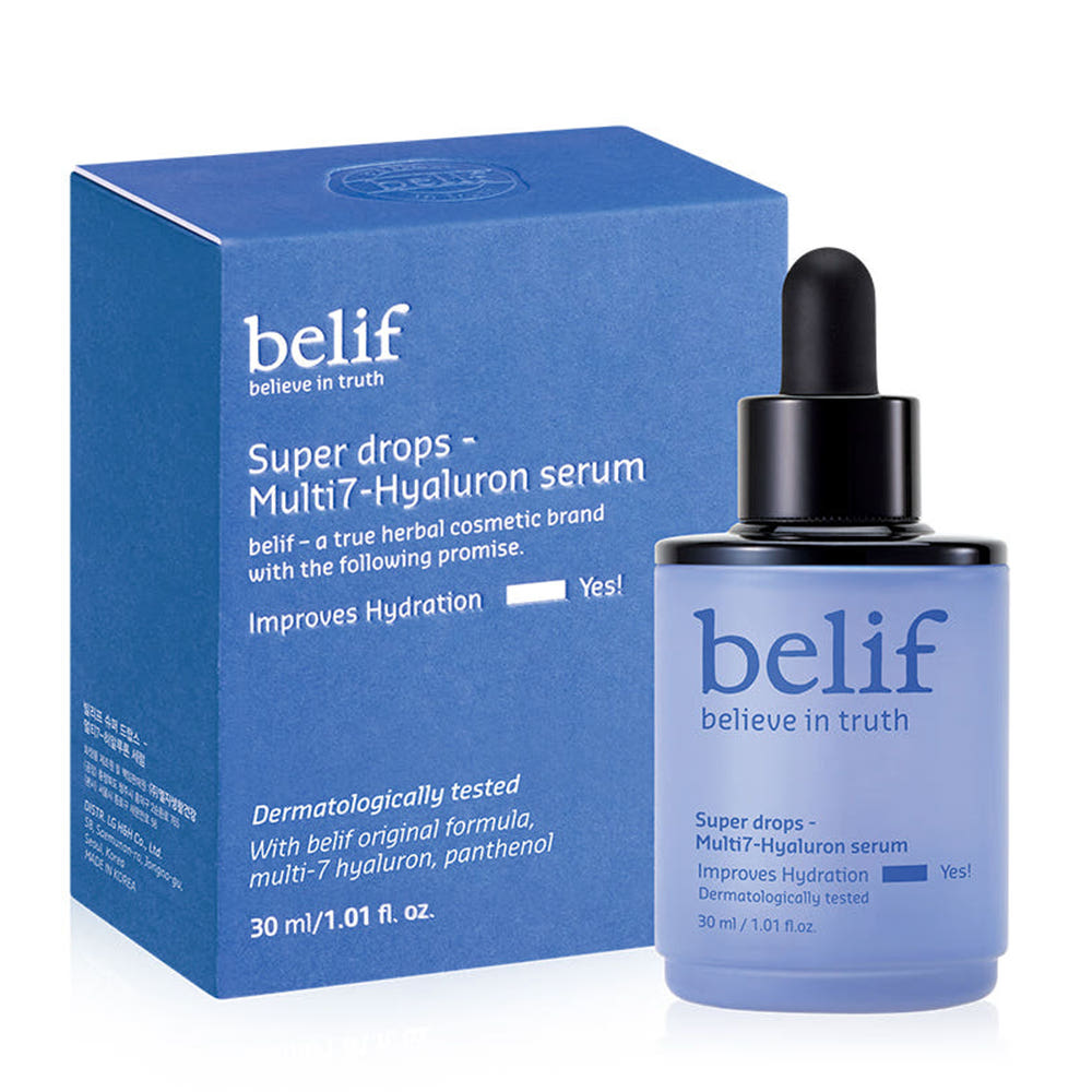 belif Super Drops Multi7 Hyaluron Serum 30ml bottle and carton, front view